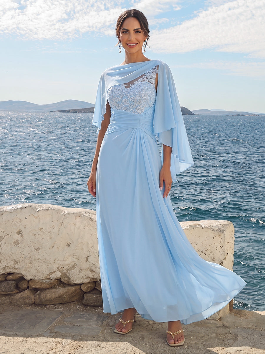 Mother of the Bride & Groom Dress One Shoulder Cape Overlay Floor Length Chiffon Lace Appliqué Beaded Ruched Asymmetrical Hem Light Sky Blue Evening