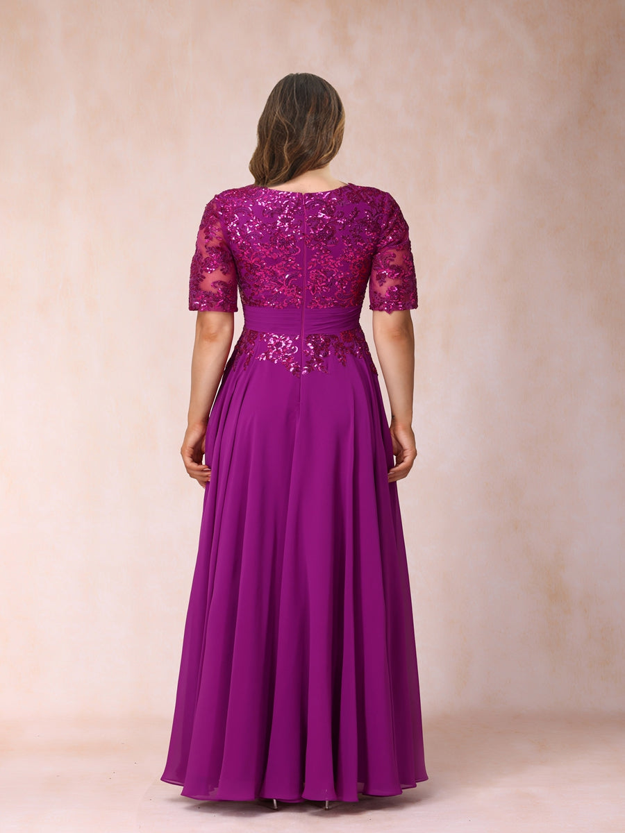 A-Line/Princess V-Neck Half Sleeves Long Formal Plus Size Evening Dresses with Sequins