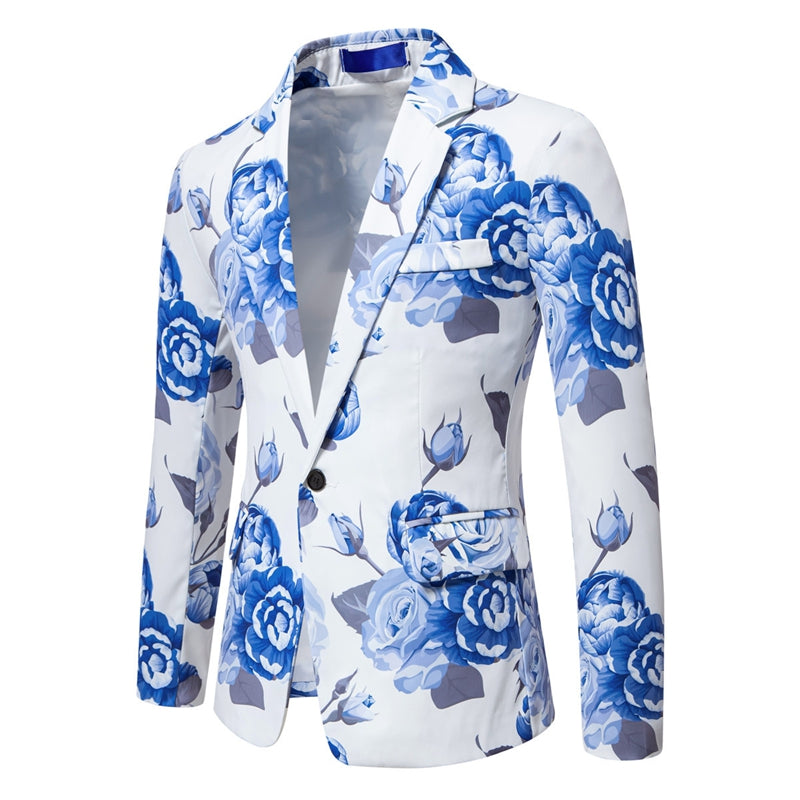 Tailored Fit Notch Single Breasted One-Button Printed Rose Men's Party Jacket