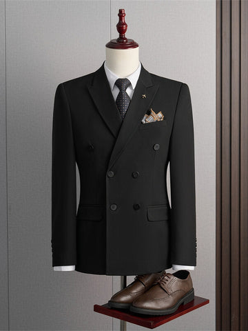 Tailored Fit Peak Lapel Double Breasted Four-Buttons Solid Colored Men's Formal Jacket