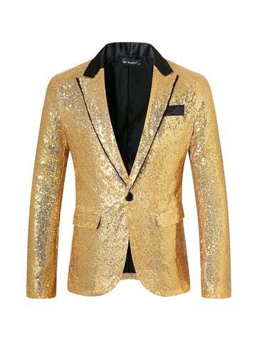 Tailored Fit Peaked Lapel Single Breasted One-Button Sequin Men's Party Jacket with Pockets