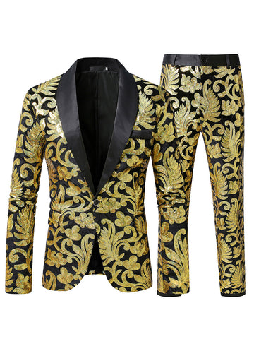 Tailored Fit Shawl Lapel Single Breasted One-Button 2 Piece Men's Party Suits with Sequin Appliques