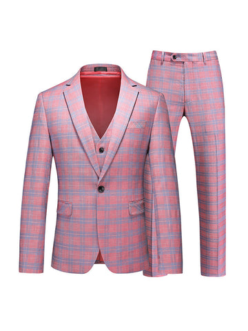 Tailored Fit Notched Lapel Single Breasted One-Button Grid 3 Piece Men's Party Suits