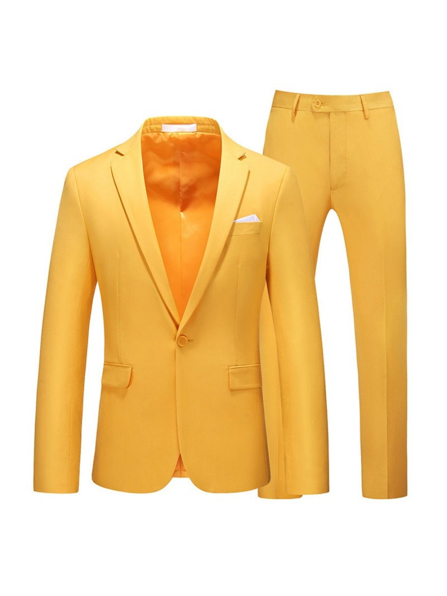 Tailored Fit Notched Lapel Single Breasted One-Button Solid Color 2 Piece Men's Party Suits