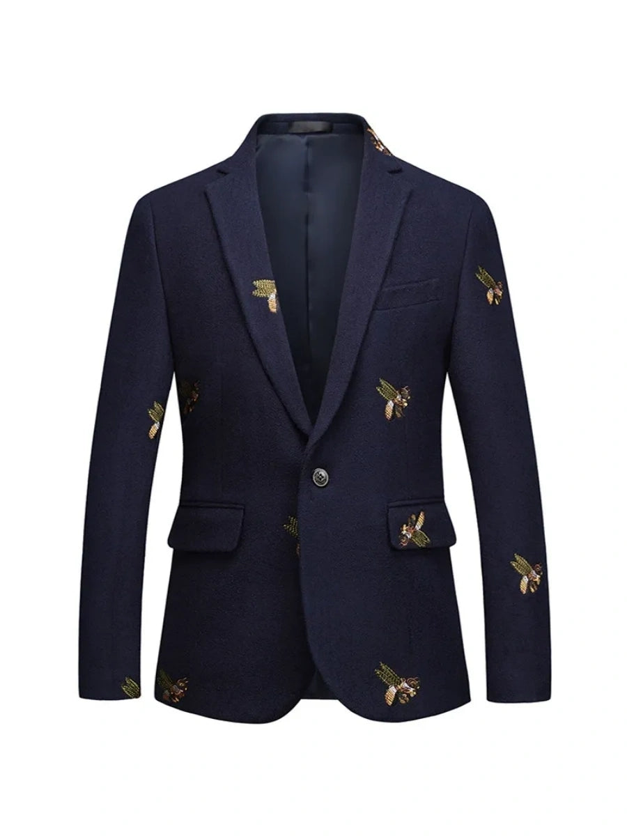 Tailored Fit Notched Lapel Single Breasted One-button Men's Party Jacket With Embroidery