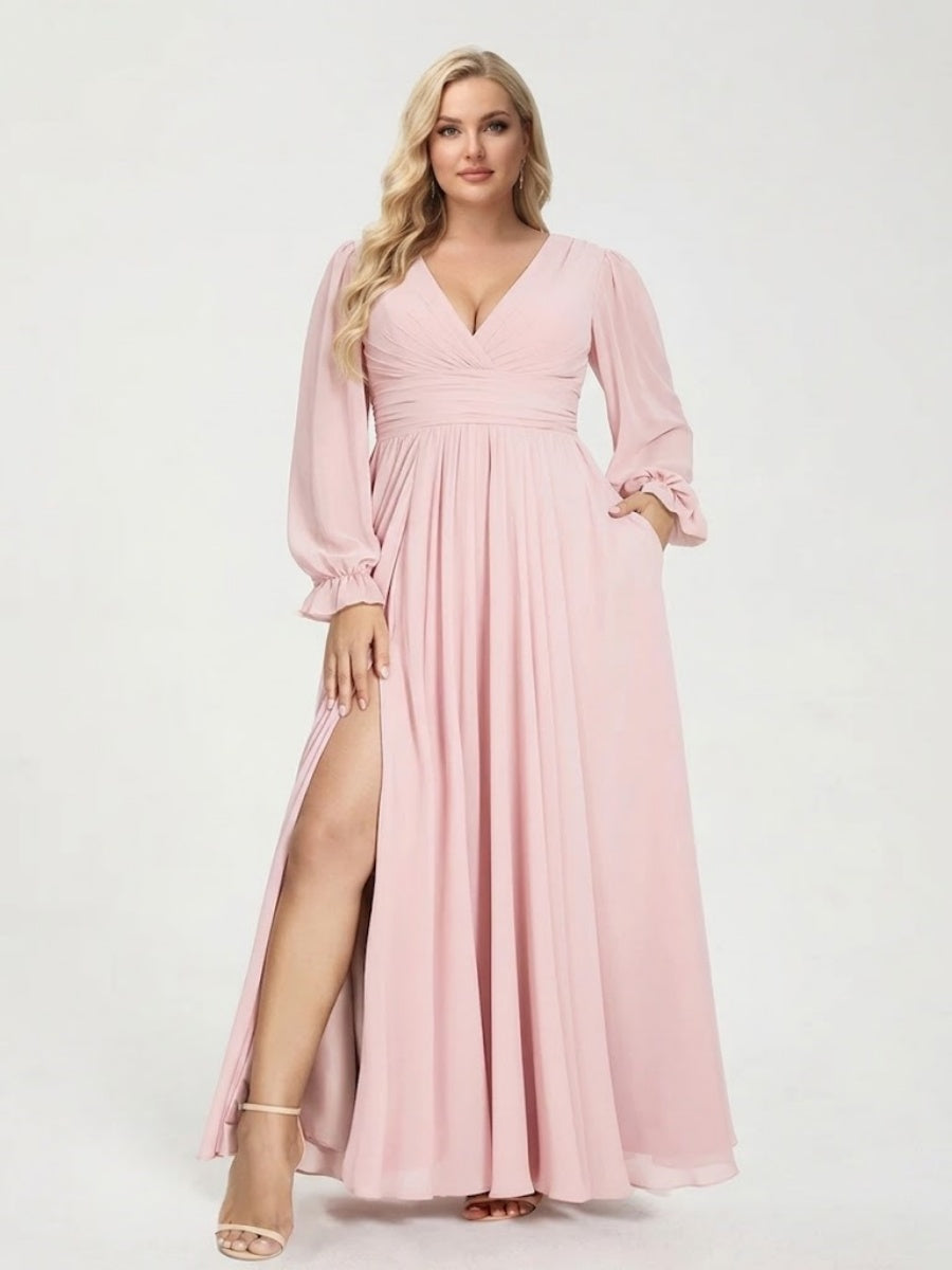 Light Pink Plus Size Bridesmaid Dresses Chiffon A-Line V-Neck Long Sleeves Floor-Length Split Side Formal Wedding Party Gowns with Pockets