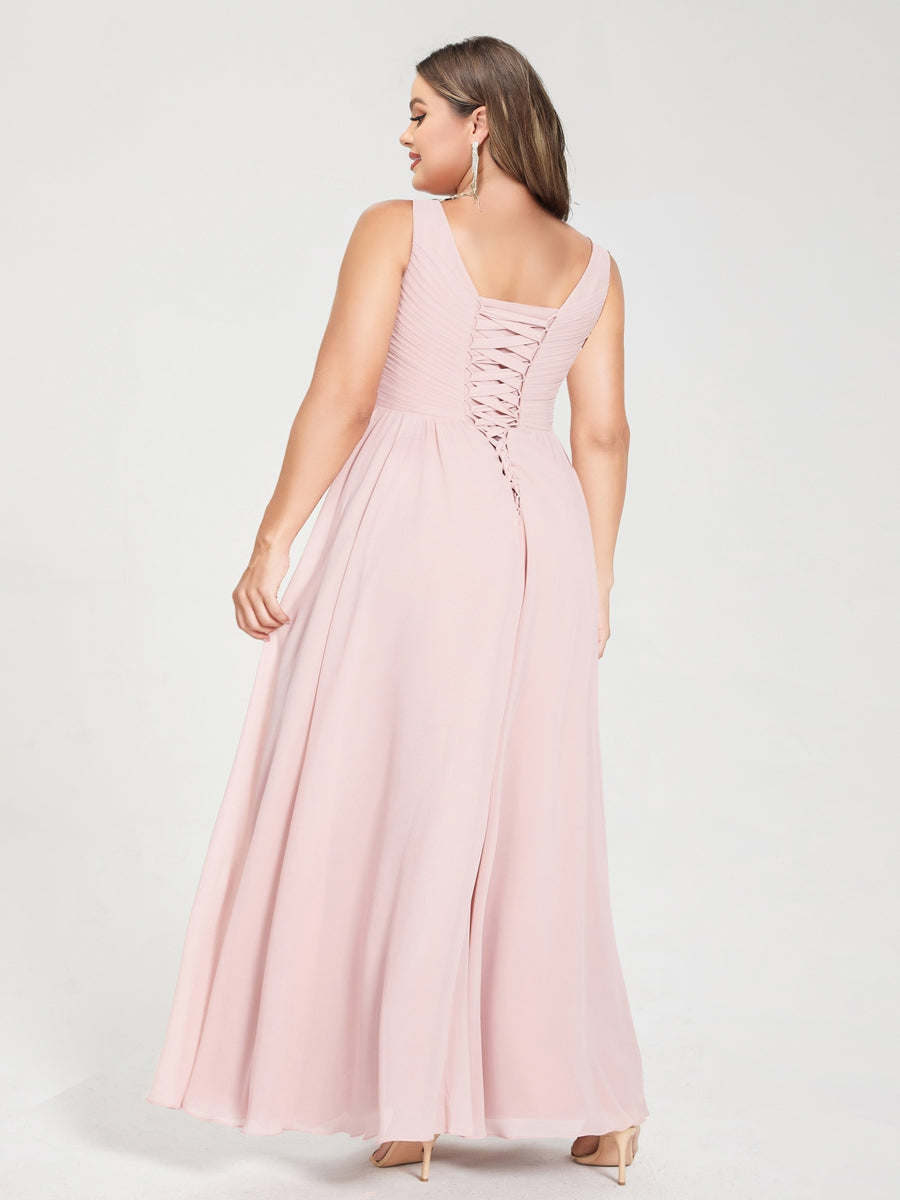 A-Line/Princess Chiffon V-Neck Sleeveless With Pleats Floor-Length Lace Up Plus Size Bridesmaid Dresses