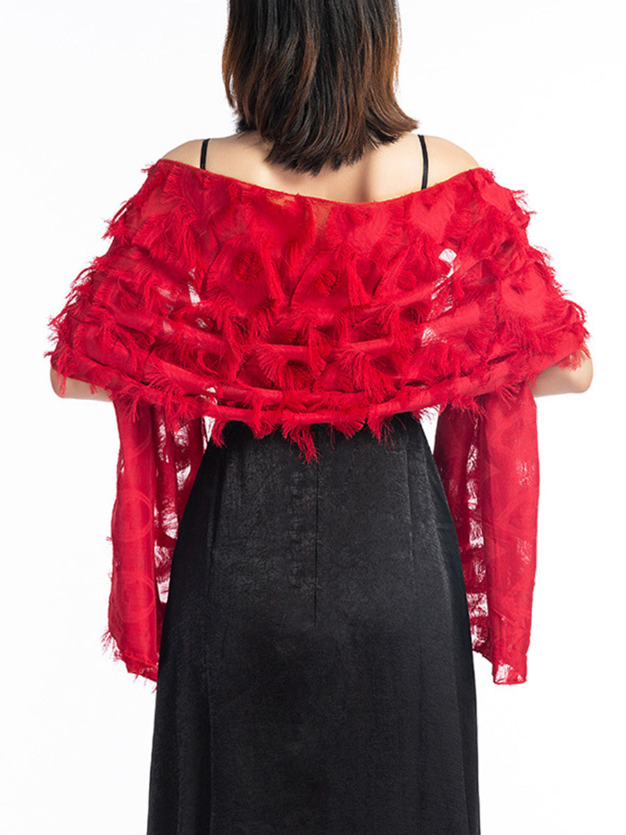 Solid Colored Stylish Fringed Cape Shawl for Women
