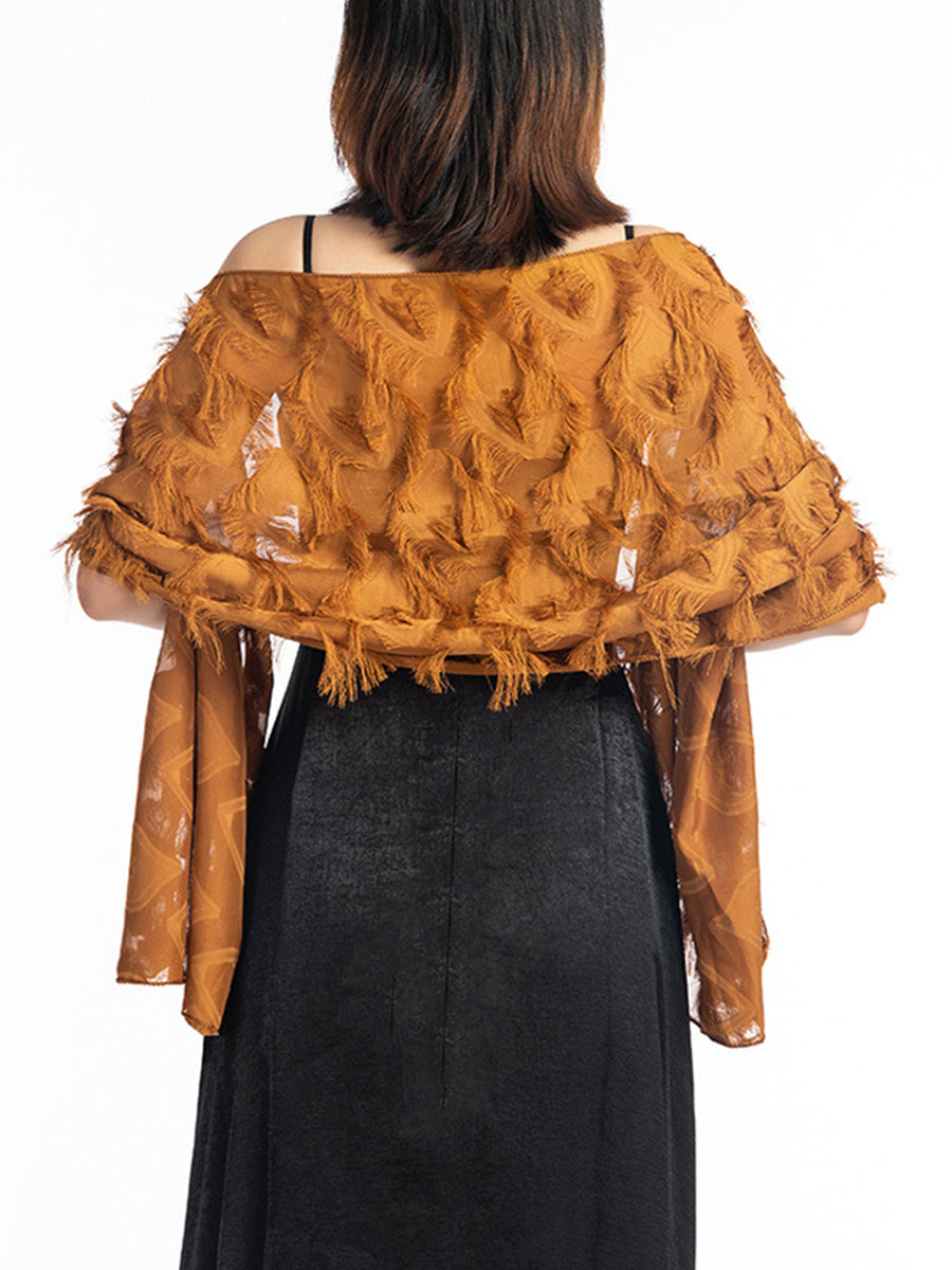 Solid Colored Stylish Fringed Cape Shawl for Women