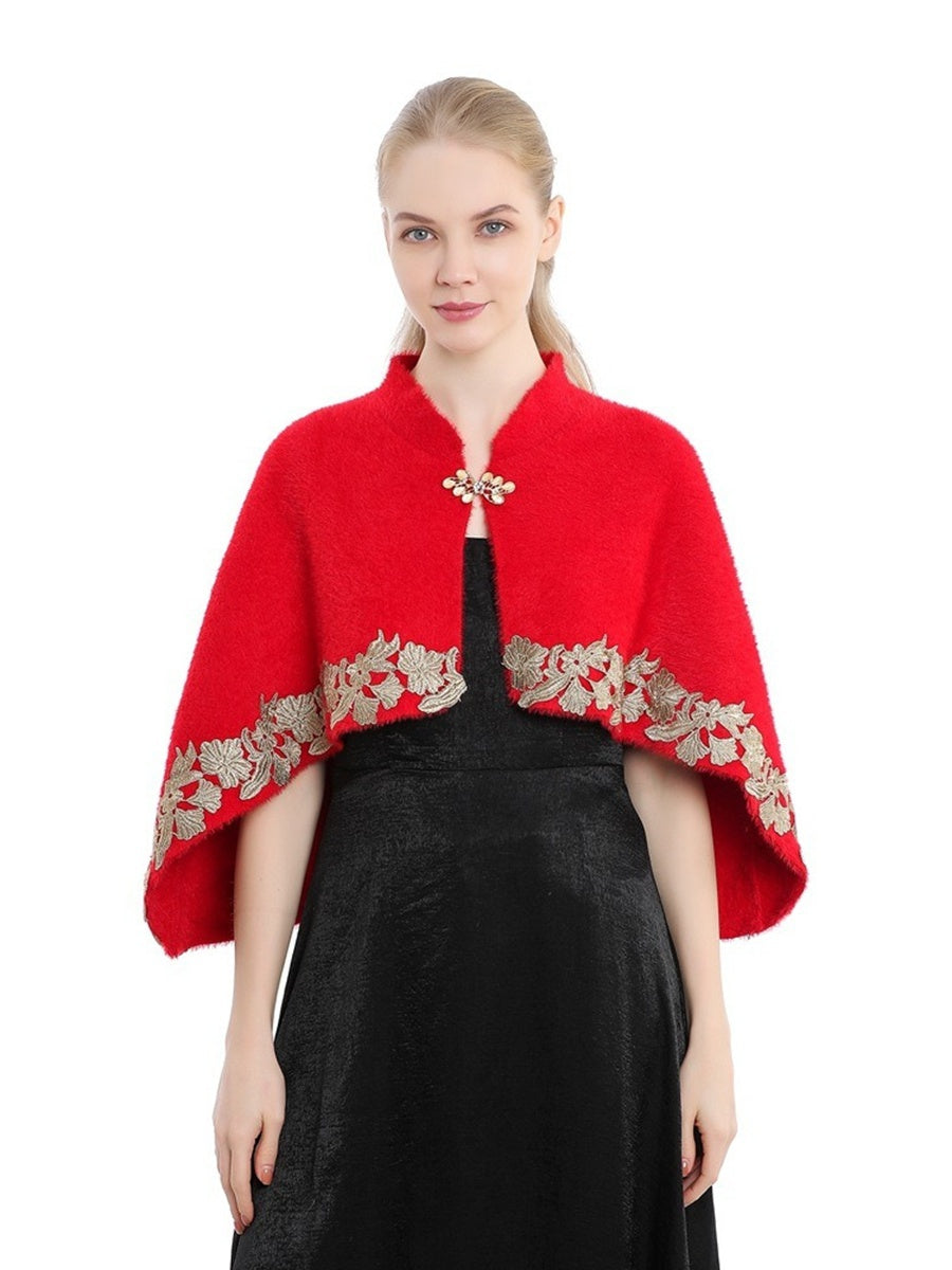 Women's Elegant Knitted Cape Shawl with Rhinestone & Appliques