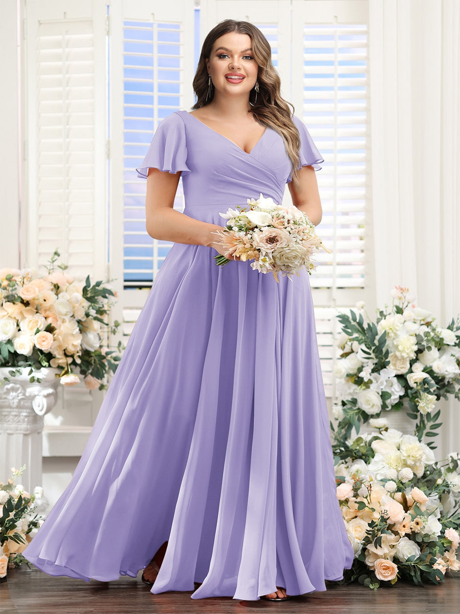 A-Line V-Neck Short Sleeves Split Side Ruched Chiffon Plus Size Bridesmaid Dresses