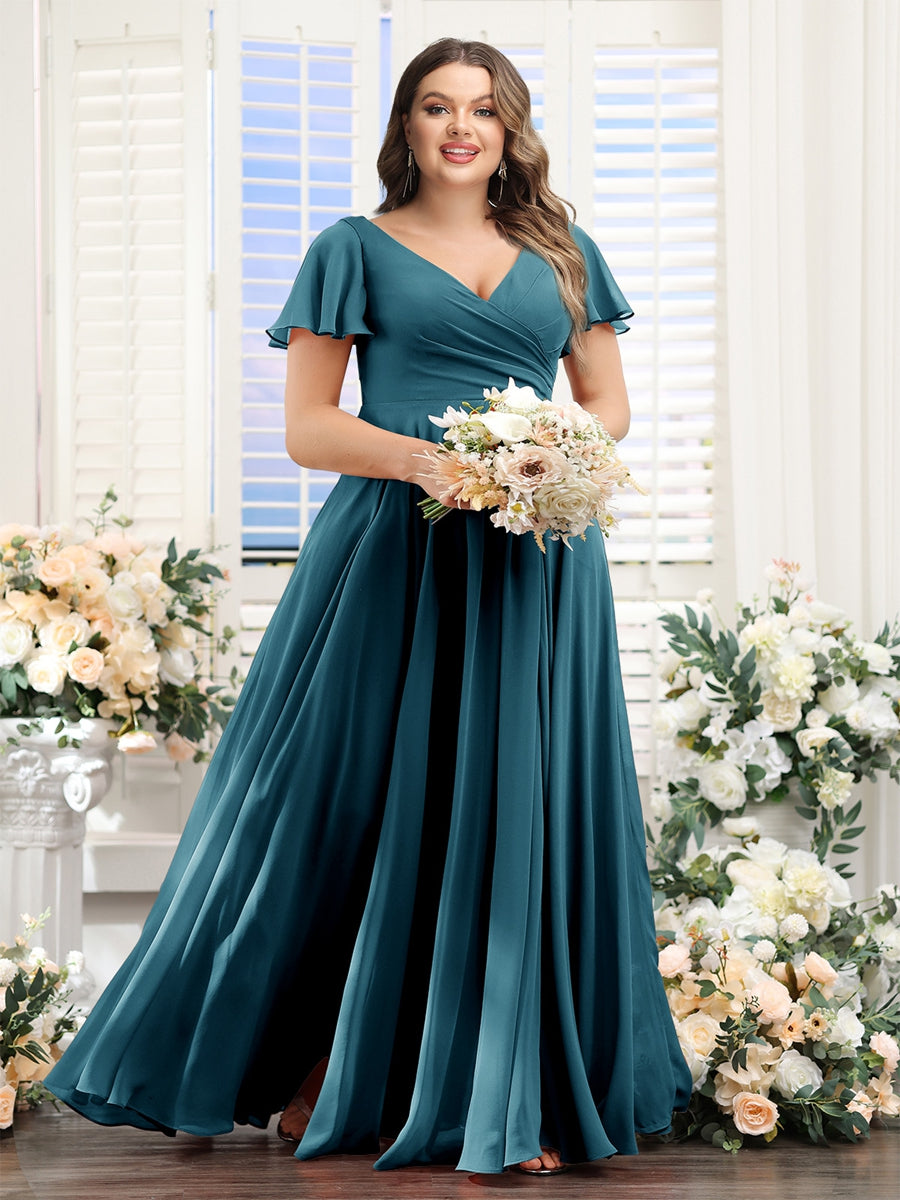 A-Line V-Neck Short Sleeves Split Side Ruched Chiffon Plus Size Bridesmaid Dresses