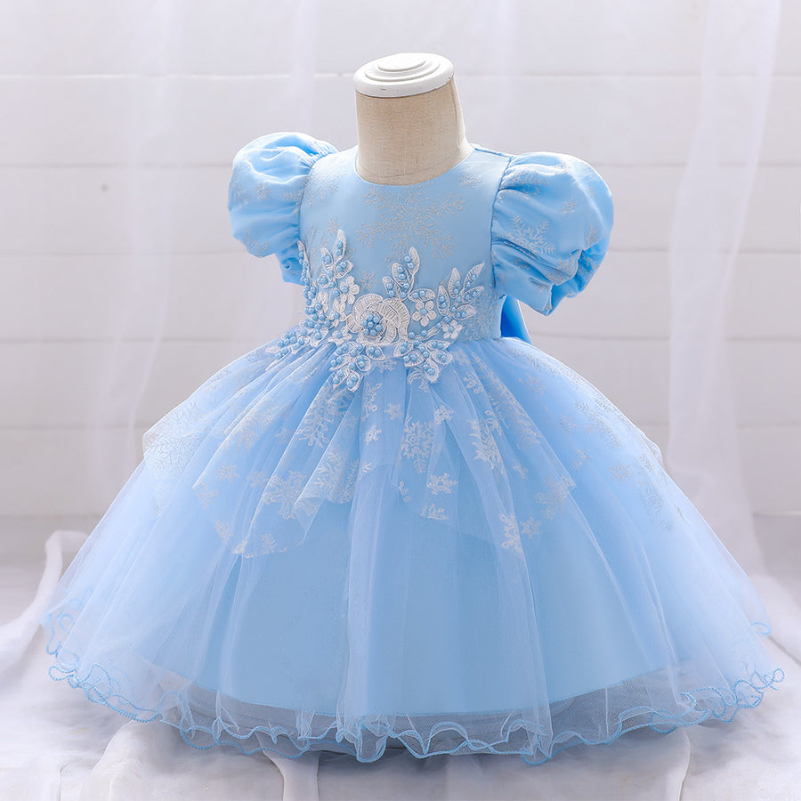 Ball Gown Scoop Short Sleeves Tea-Length Beading Christmas Dresses for Girls