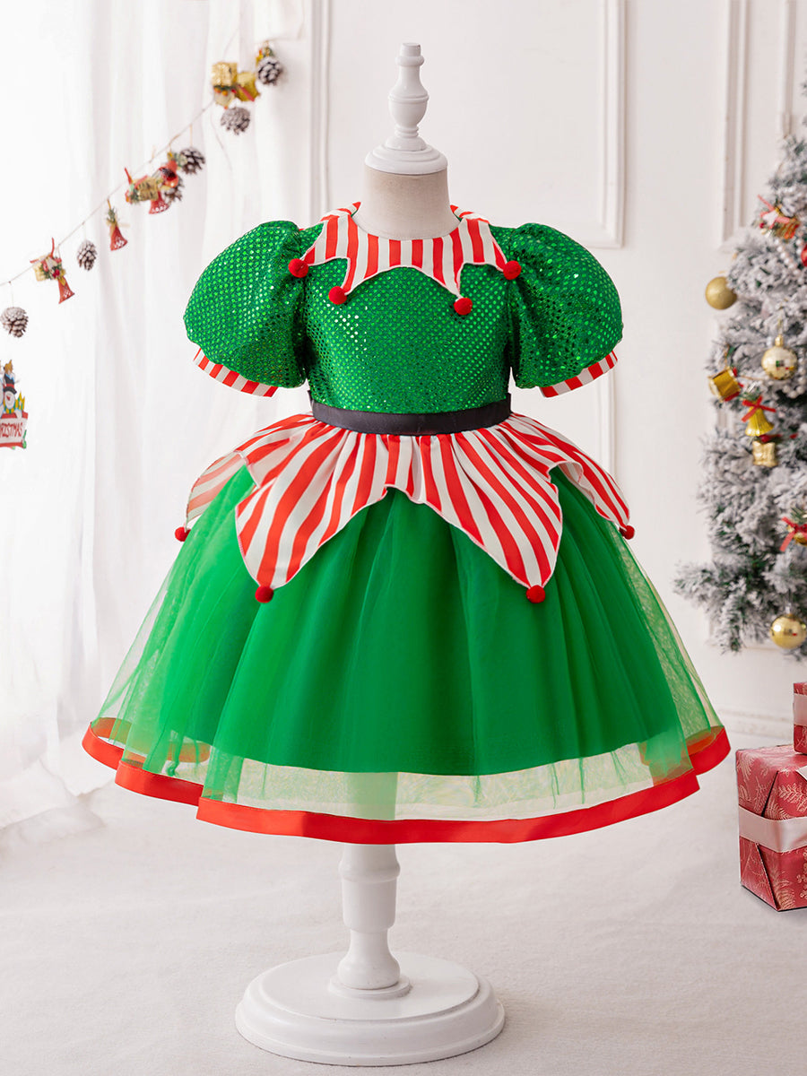 Lavetir Ink Green Ball Gown Scoop Puff Sleeves Christmas Dresses for Girls 2026