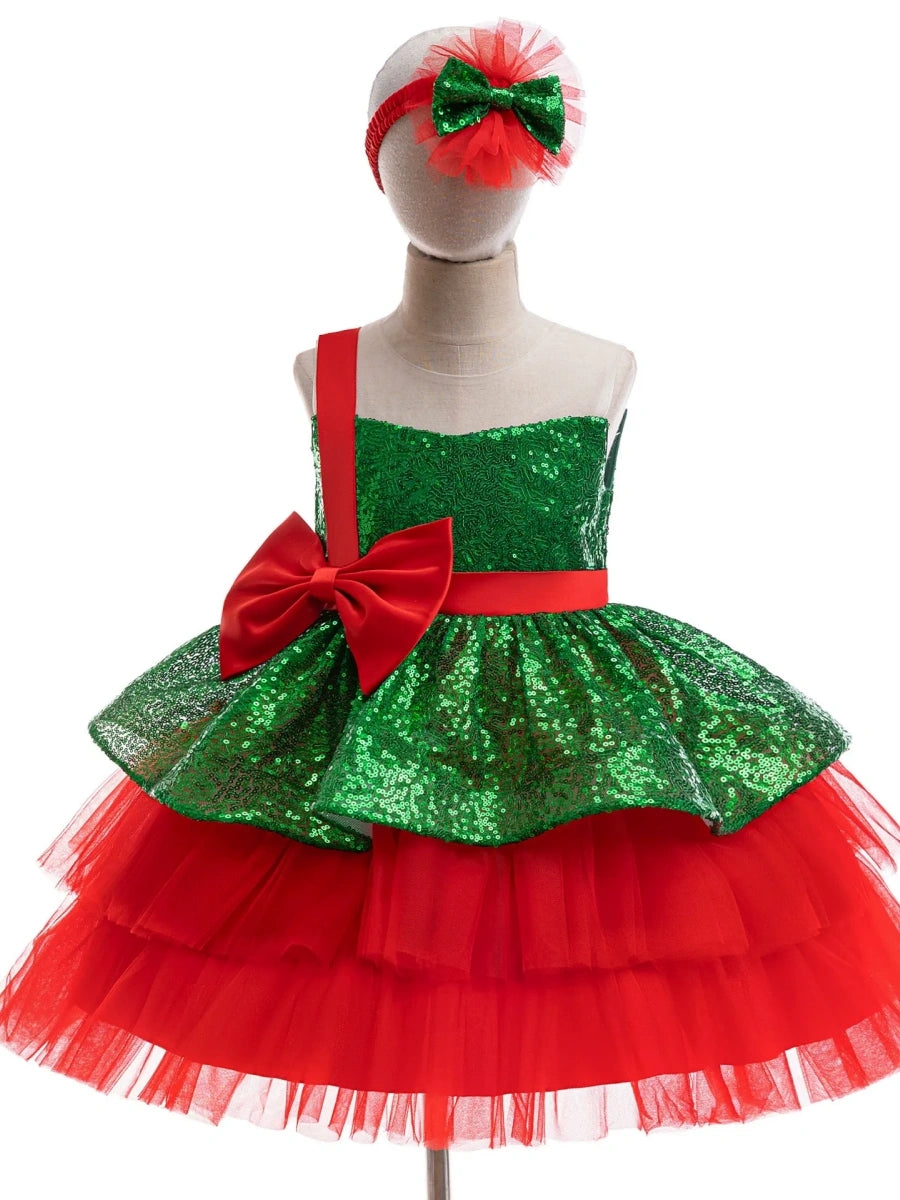 A-Line/Princess One-Shoulder Sleeveless Christmas Dresses for Girls WIth Bowknot & Sequins
