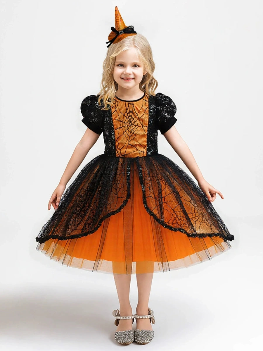 Tulle Ball Gown Scoop Short Sleeves Knee-Length Halloween Dresses for Girls With Sequins