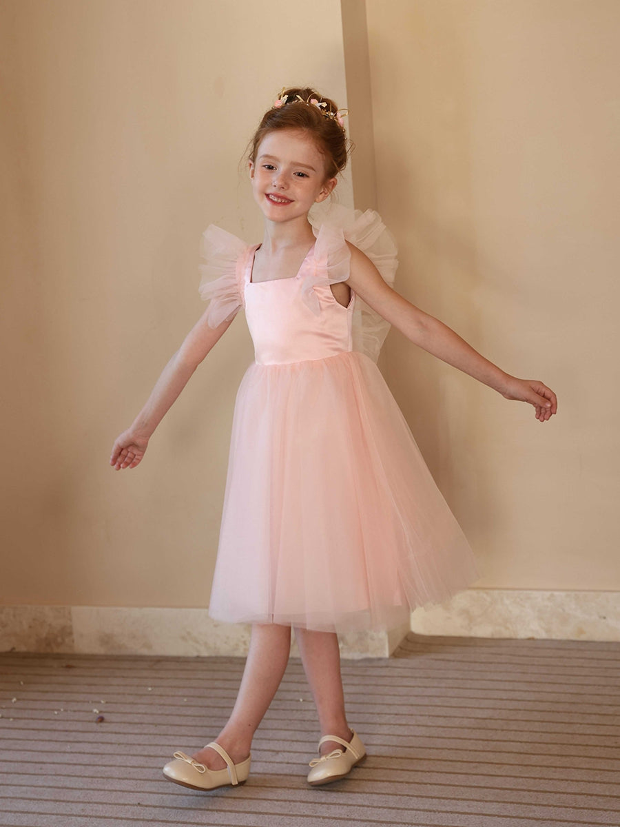 A-Line/Princess Square Neck Flying Sleeves Flower Girl Dresses with Ruffles