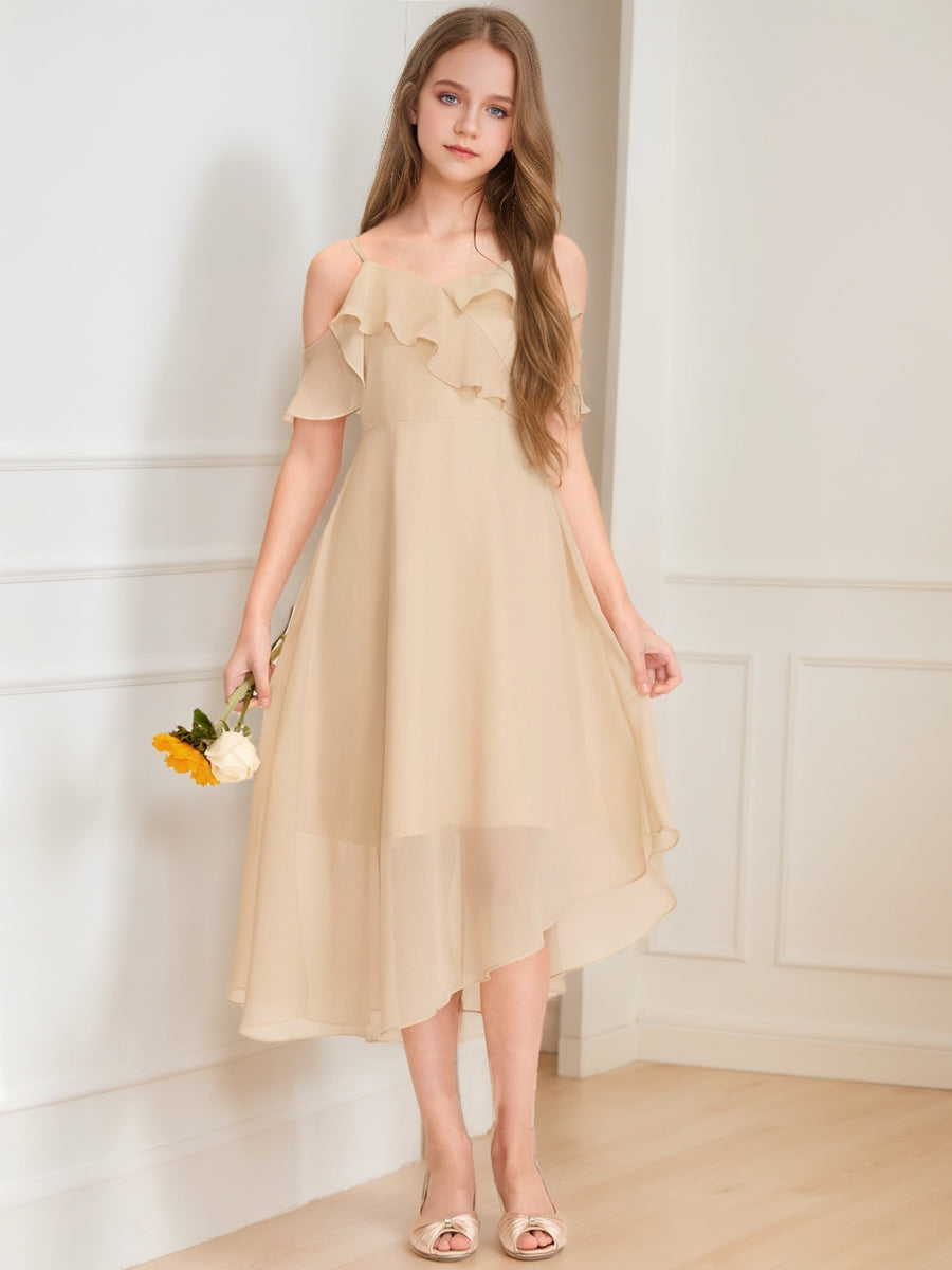 Lavetir Champagne A-Line/Princess Cold Shoulder Short Sleeves Ruffles Junior Bridesmaid Dresses 2026
