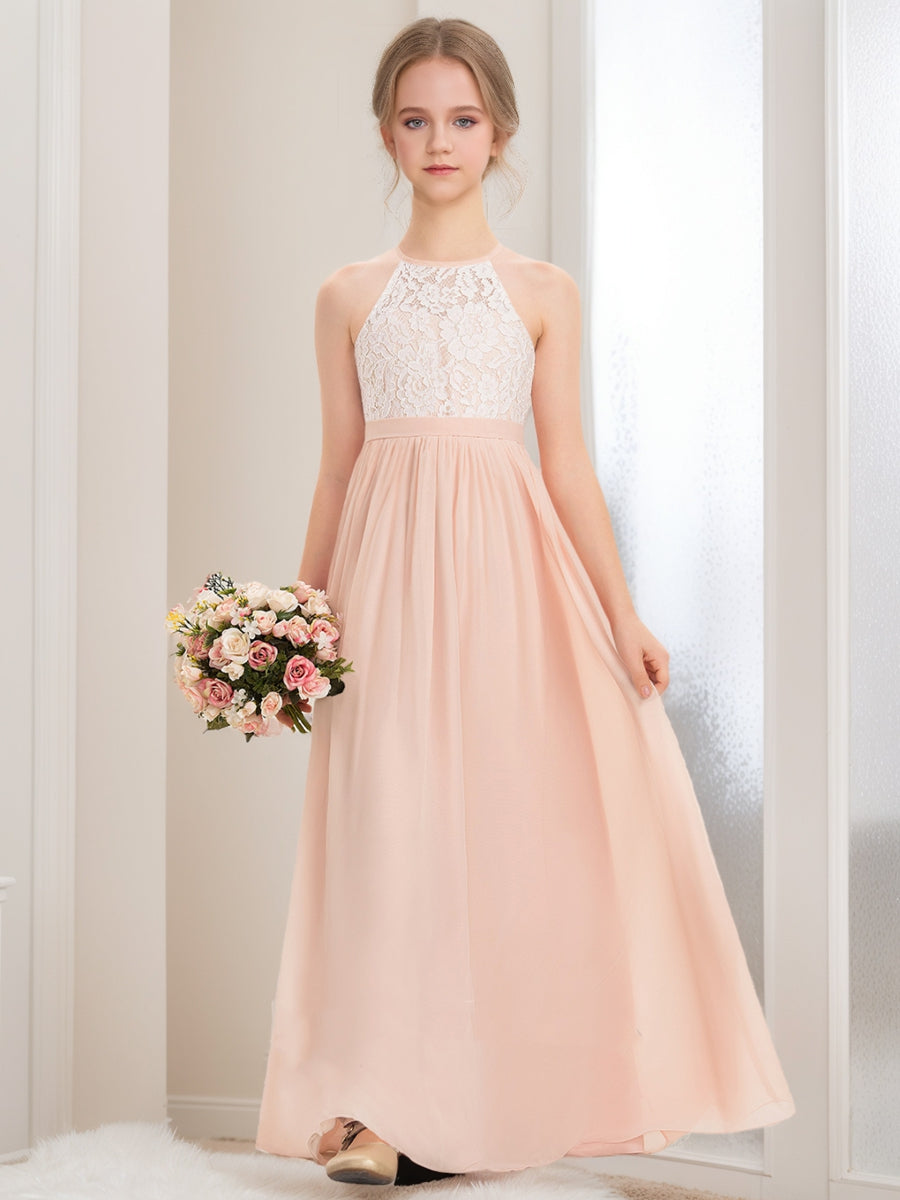 Lavetir Pearl Pink A-Line/Princess Halter Sleeveless Lace Junior Bridesmaid Dresses 2026