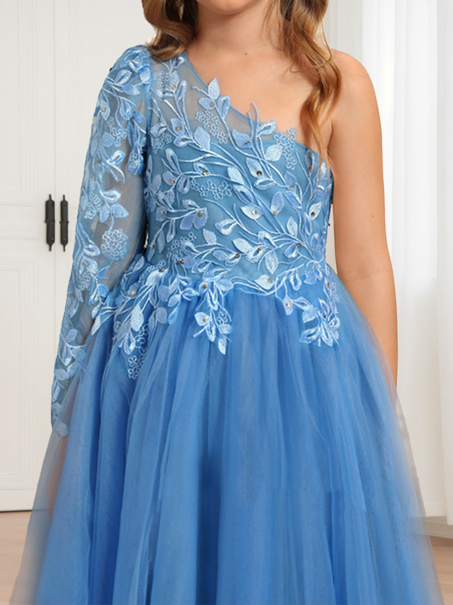 A-Line/Princess One-Shoulder Long Sleeve Tulle Flower Girl Dresses with Appliques