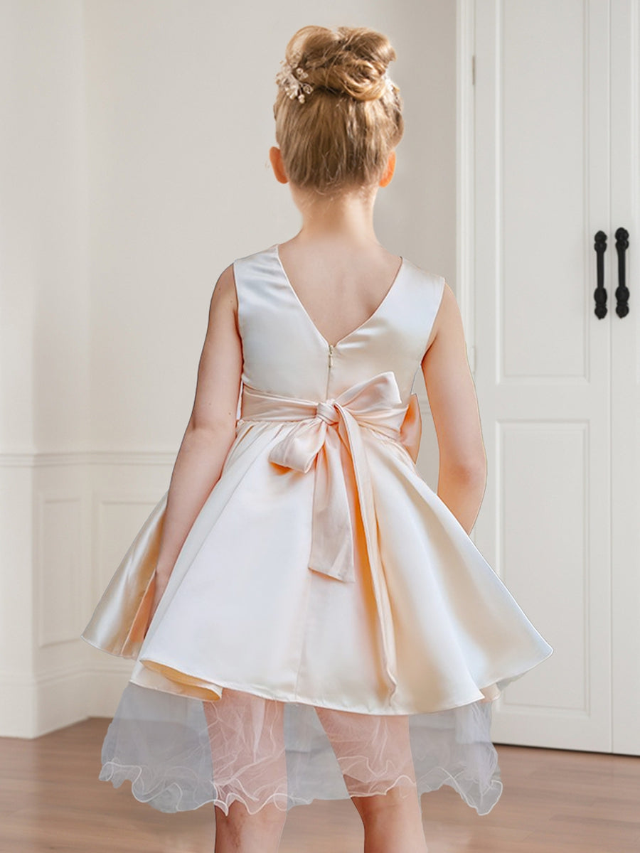 A-Line/Princess Scoop Neck Satin Short Flower Girl Dresses with Bow