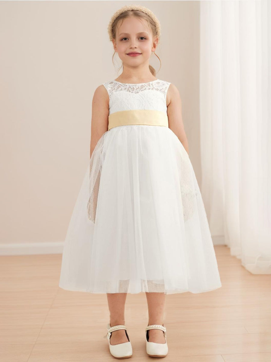 A-Line/Princess Scoop Tea-Length Sleeveless Tulle Flower Girl Dresses With Sash