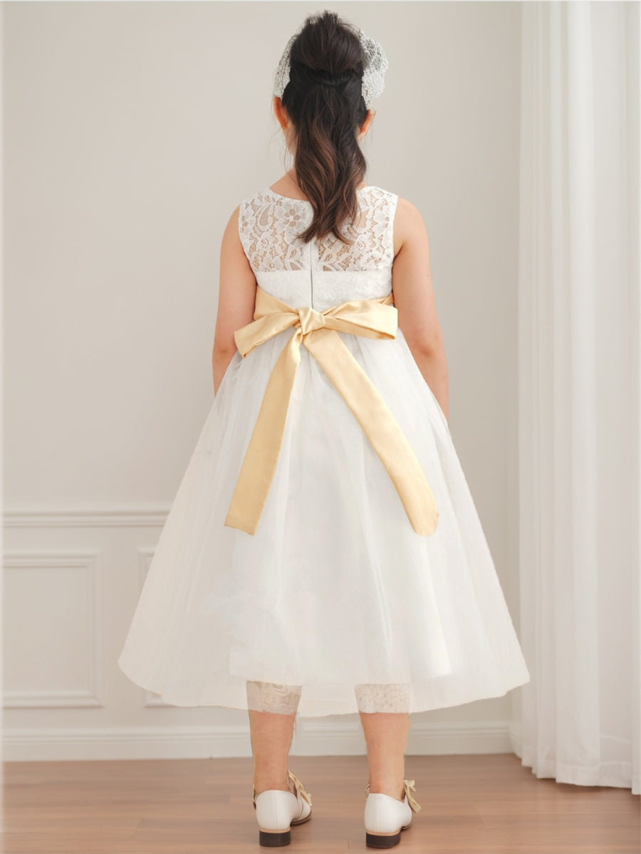 A-Line/Princess Scoop Tea-Length Sleeveless Tulle Flower Girl Dresses With Sash