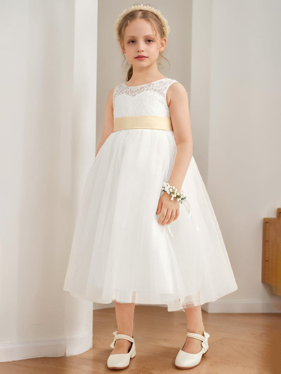 A-Line/Princess Scoop Tea-Length Sleeveless Tulle Flower Girl Dresses With Sash