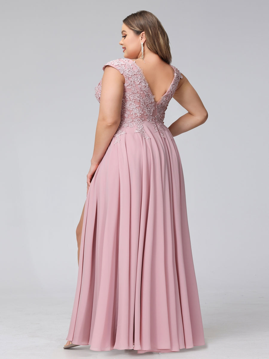 A-Line V-Neck Sleeveless Chiffon Long Plus Size Bridesmaid Dresses With Applique Split Side