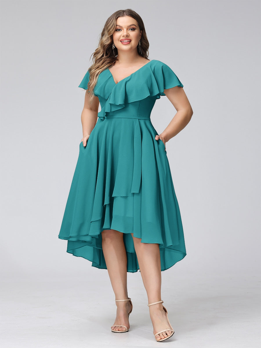 A-Line V-Neck Short Sleeves Asymmetrical Chiffon Plus Size Bridesmaid Dresses With Pockets