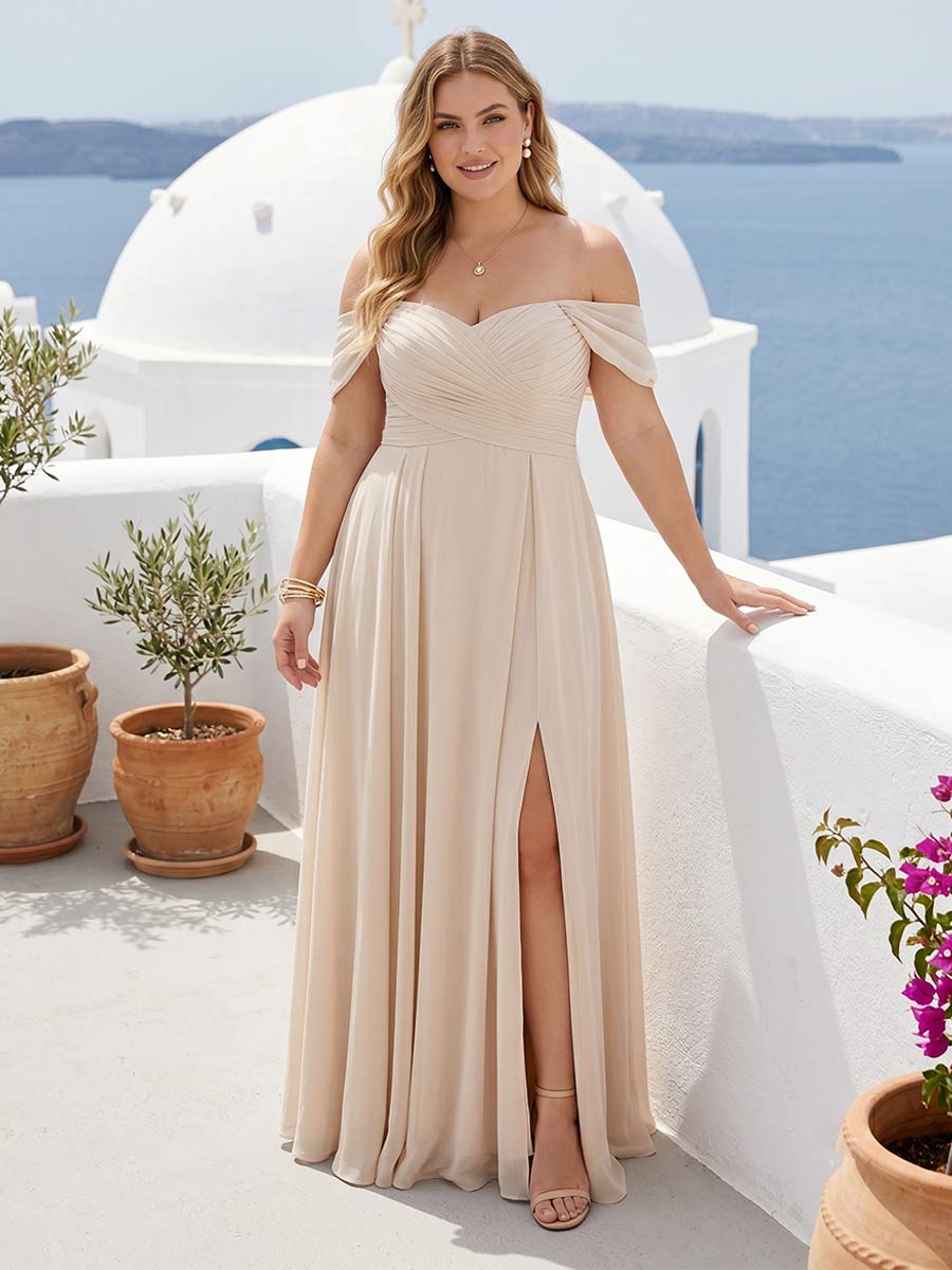 A-Line Off-the-Shoulder Sleeveless Ruched Long Chiffon Plus Size Bride – Lavetir