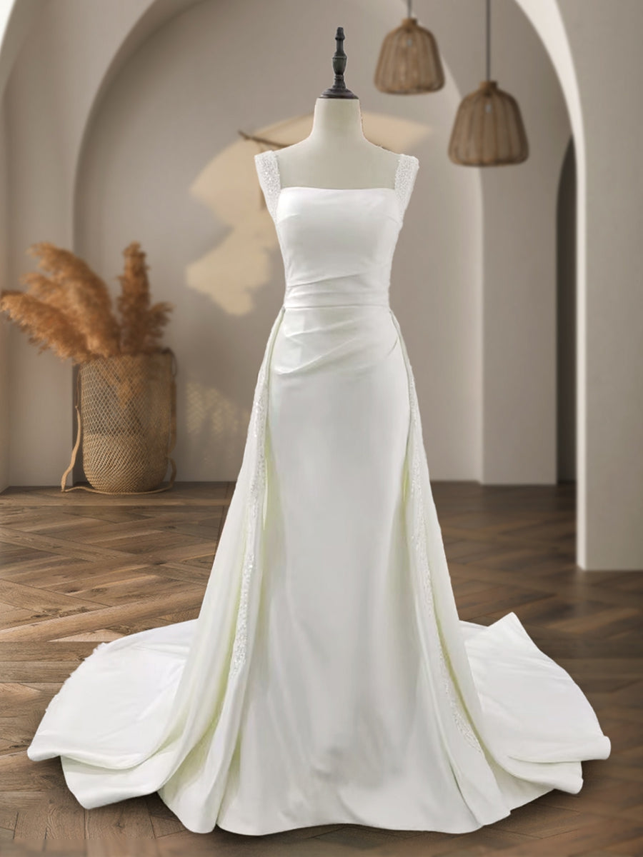 Lavetir Ivory Wedding Dresses Elegant Women's A-Line Square Neck Sleeveless Floor-Length Silk Satin Bridal Ball Dresses with Beading