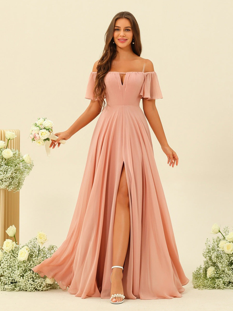 2026 Off-the-Shoulder Bridesmaid Dresses Peach Pink A-Line Short Sleeves Floor-Length Chiffon Formal Evening Gowns with Split Side