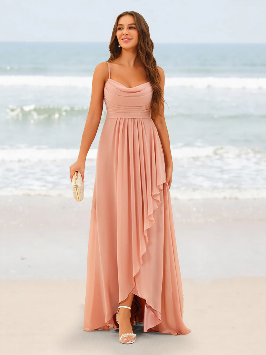Bridesmaid Dresses Peach Pink Chiffon A-Line Asymmetrical Spaghetti Straps Ruffles Sleeveless Long Formal Wedding Party Evening Gowns