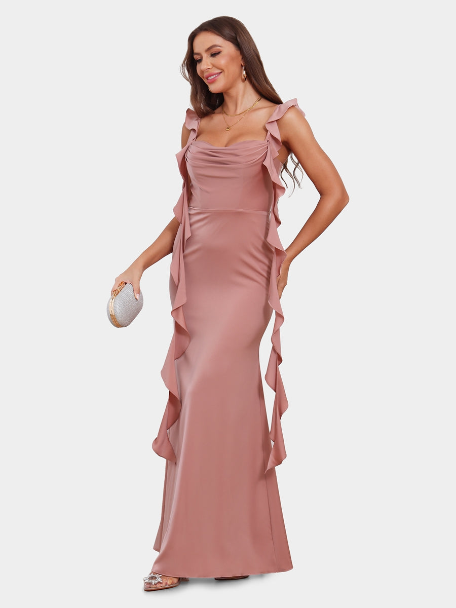 Sheath/Column Scoop Sleeveless Bridesmaid Dresses with Watteau Train