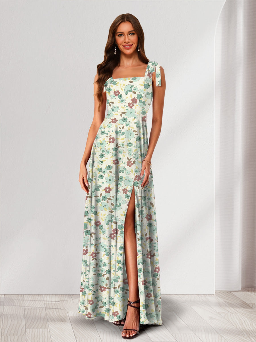 A-Line/Princess Square Neck Sleeveless Split Side Floral Bridesmaid Dresses