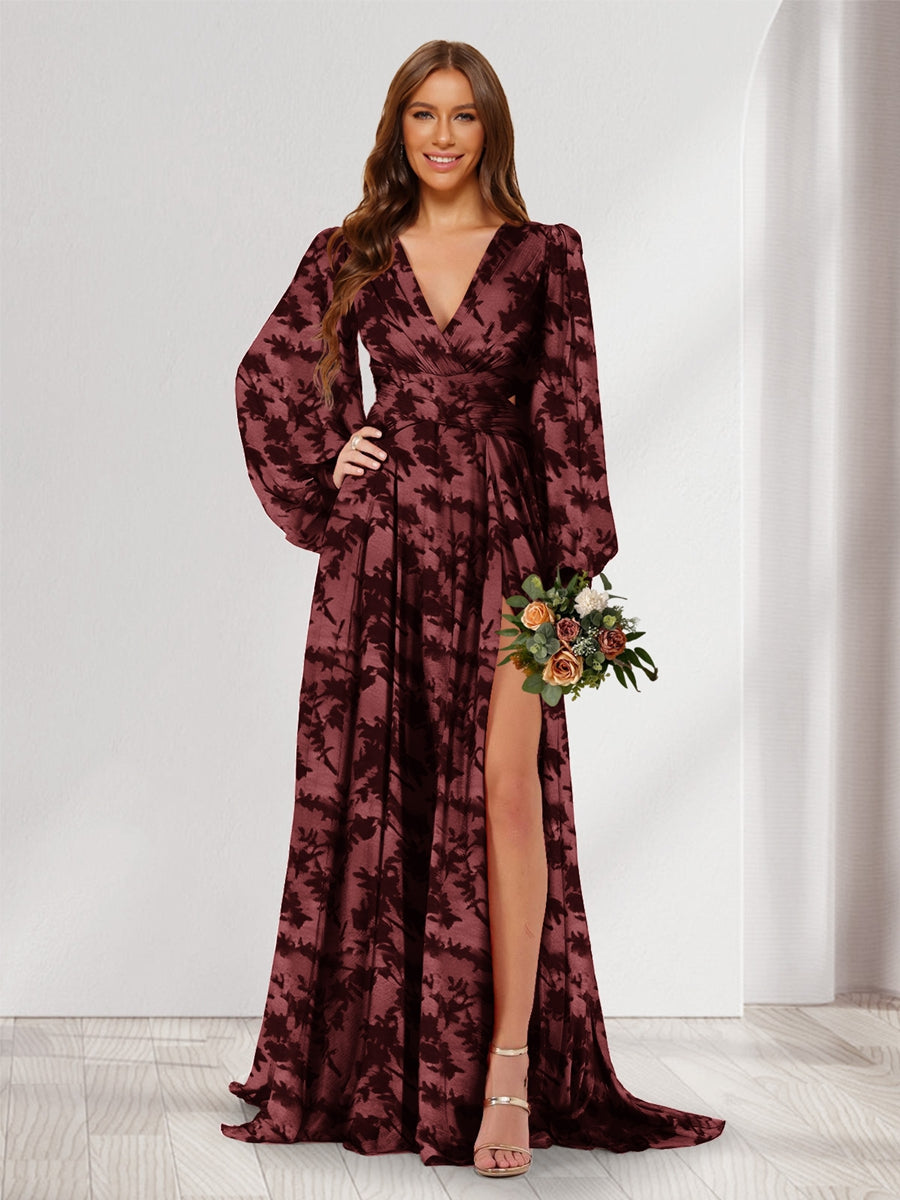 A-Line/Princess V-Neck Long Sleeves Floor Length Bridesmaid Dresses with Split Side
