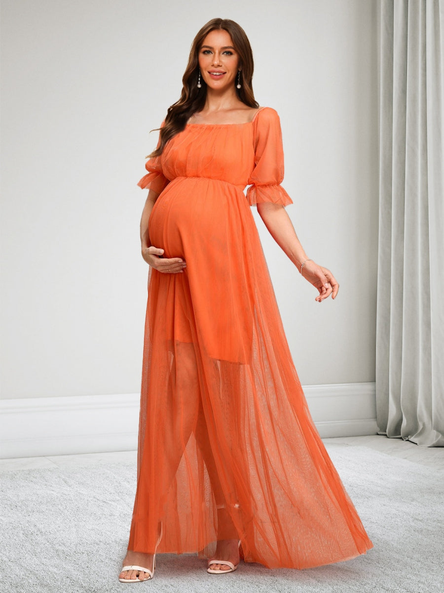 Elegant Ruched Mesh Maternity Dress 2026 Puff Sleeve Square Neck A-Line Floor-Length Formal Occasion