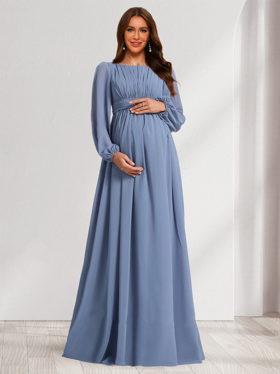 A-Line/Princess Scoop Long Sleeves Ruched Floor-Length Maternity Bridesmaid Dresses with Bow