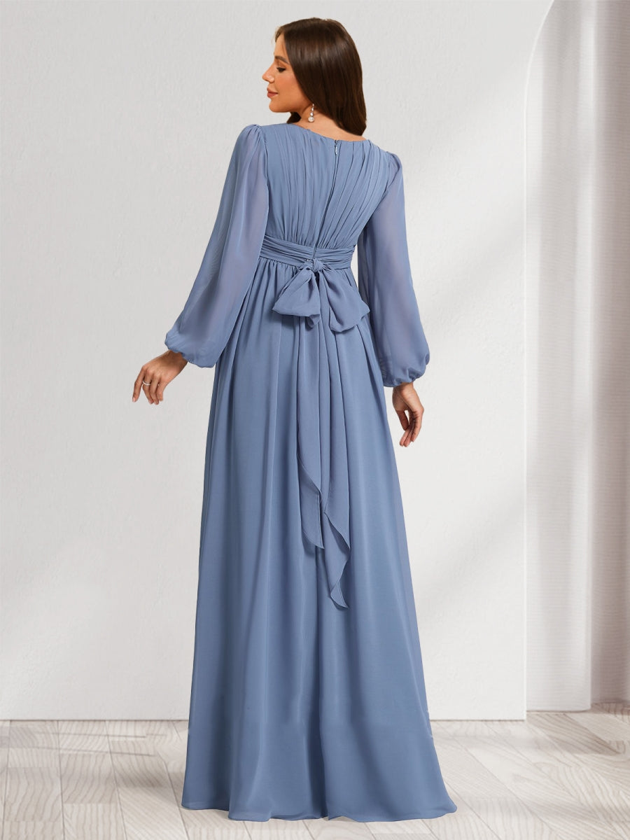 A-Line/Princess Scoop Long Sleeves Ruched Floor-Length Maternity Bridesmaid Dresses with Bow
