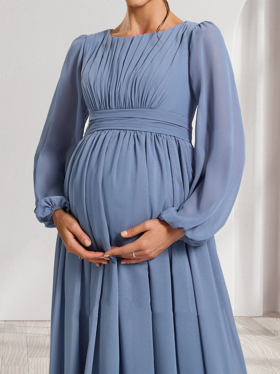 A-Line/Princess Scoop Long Sleeves Ruched Floor-Length Maternity Bridesmaid Dresses with Bow