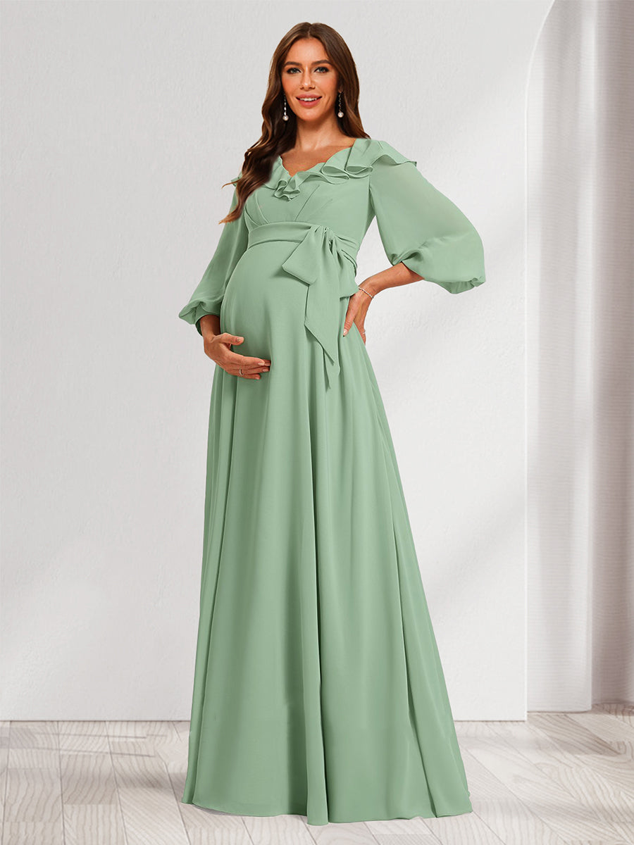 Elegant A-Line/Princess Maternity Dress V-Neck Long Sleeves Womens Bridesmaid Dresses with Ruffles & Bow 2026