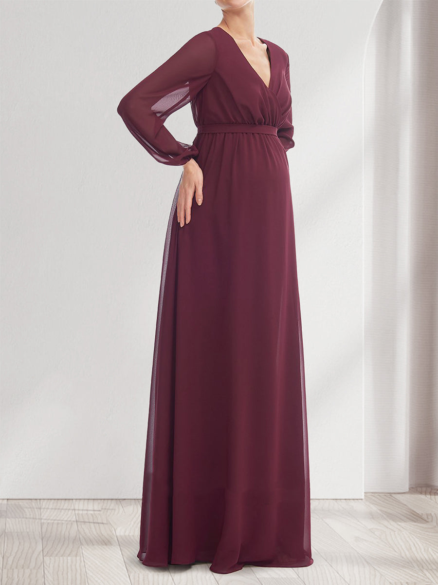 A-Line/Princess V-Neck Long Sleeves Chiffon Baby Shower Bridesmaid Dresses with Split Side