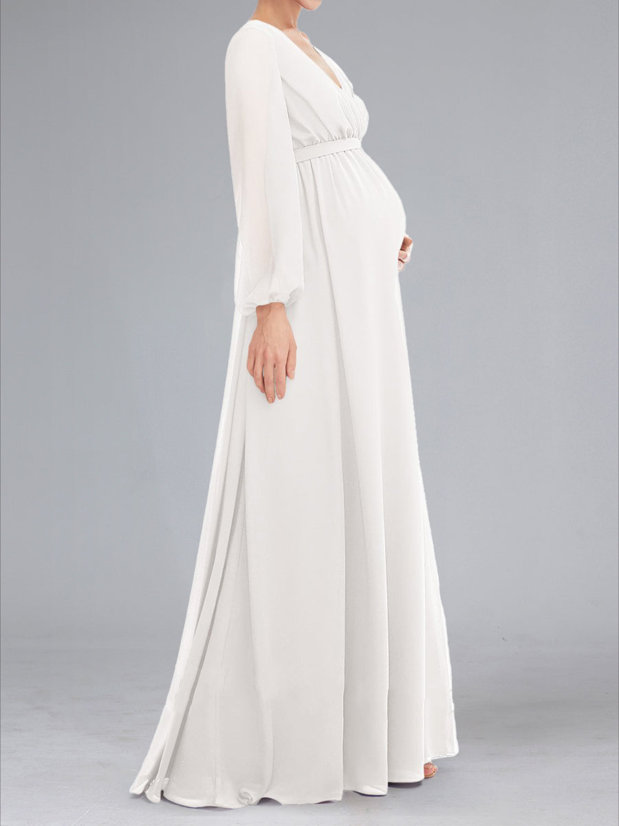 A-Line V-Neck Long Sleeves Floor-Length Baby Shower Wedding Dresses with Sash & Split Side
