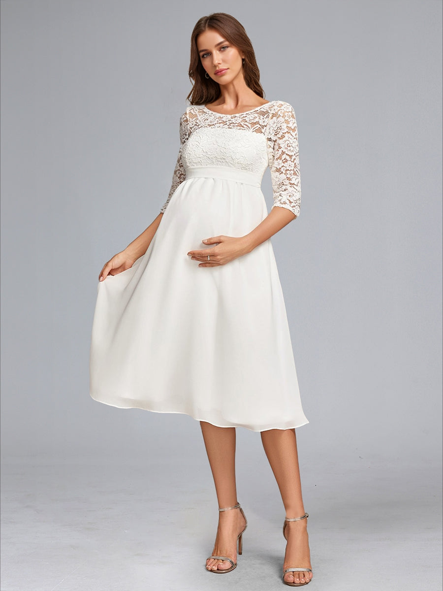 Elegant Empire Waist Crew Neck Maternity Dress 3/4 Sleeve Lace Chiffon Midi Wedding Guest Dress 2026