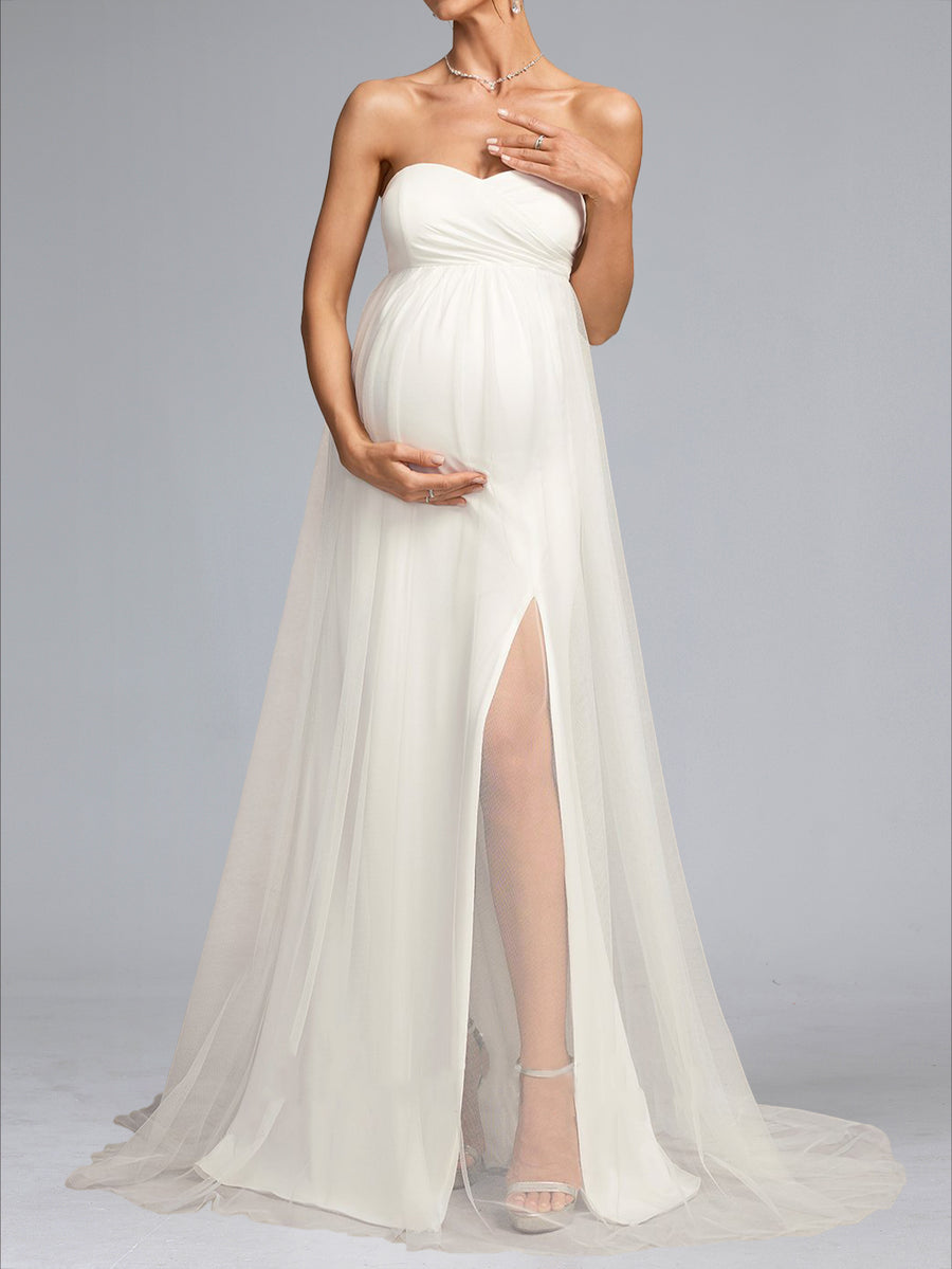 A-Line/Princess Sweetheart Sweep Train Long Sleeves Tulle Baby Shower Wedding Dresses with Side Slit