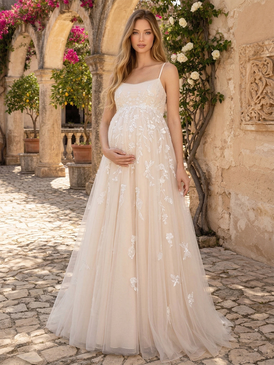 Lavetir Ivory A-Line/Princess Square Neck Spaghetti Straps Sleeveless Floor-Length Maternity Wedding Dresses With Applique 2026