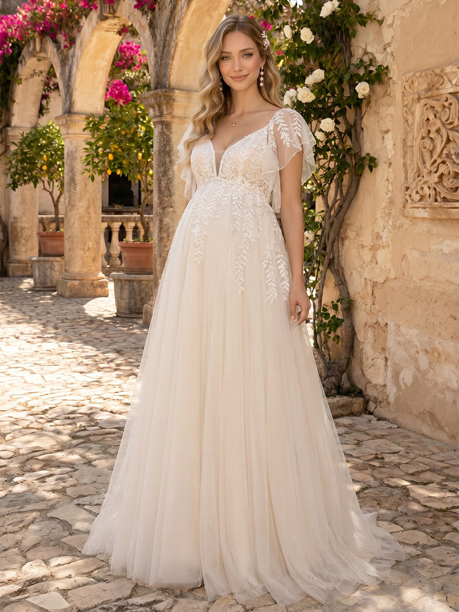 maternity bridal dresses Lavetir A-Line/Princess V-Neck Flutter Sleeves Court Train Wedding With Applique & Lace 2026 More details Corset Mini Dress with extra large Color:Jade Ombre*