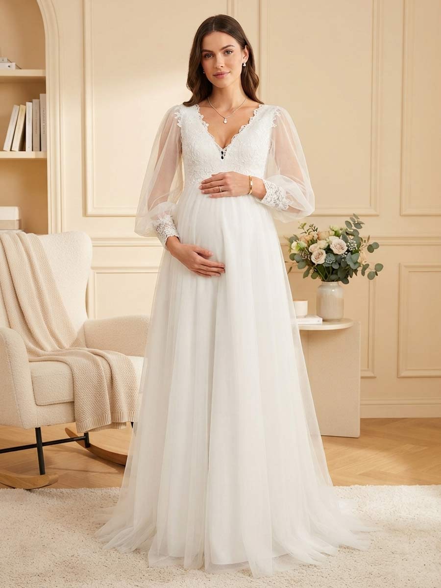 Lavetir Ivory A-Line/Princess V-Neck Long Sleeves Sweep Train Lace Maternity Wedding Dresses with Applique 2026