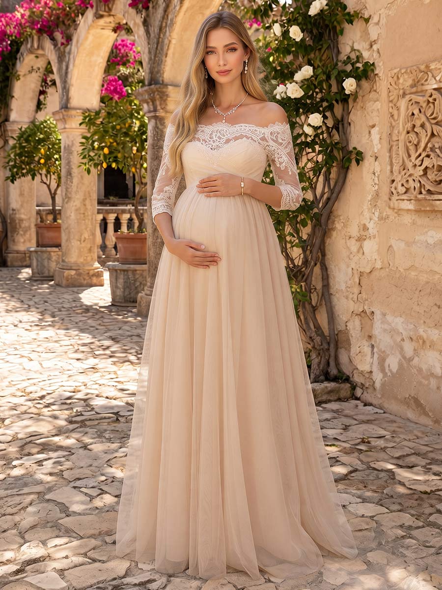 Lavetir A-Line/Princess Off the Shoulder 3/4 Sleeves Sweep train Maternity Wedding Dresses With Lace 2026